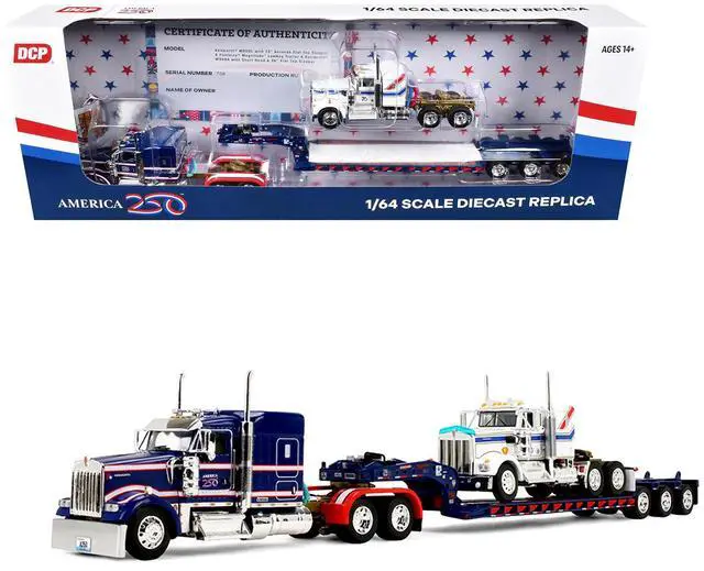 Main image of Kenworth W900L w/72" Aerocab Sleeper Blue w/White & Trailer w/W900A Load White w/Blue & Red 1/64 Diecast Model by DCP/First Gear