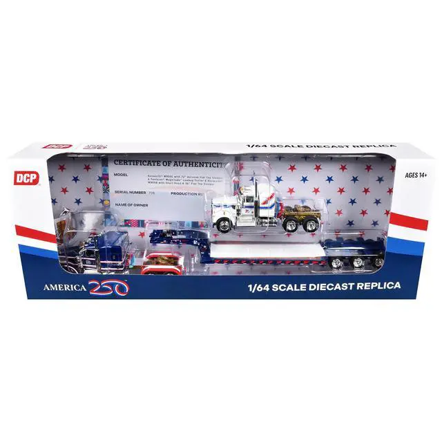 Alt view image 6 of 6 - Kenworth W900L w/72" Aerocab Sleeper Blue w/White & Trailer w/W900A Load White w/Blue & Red 1/64 Diecast Model by DCP/First Gear