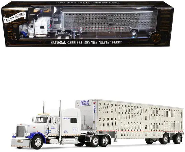 Main image of Peterbilt 379 with 70" Mid-Roof Sleeper and Wilson Silverstar Livestock Trailer White 1/64 Diecast Model by DCP/First Gear