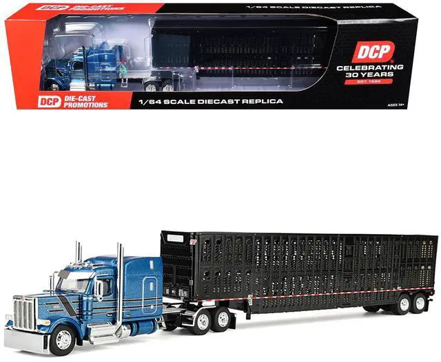 Main image of Peterbilt 589 with 72" Mid-Roof Sleeper and Wilson Trailer Bright Blue w/Black and Trailer 1/64 Diecast Model by DCP/First Gear