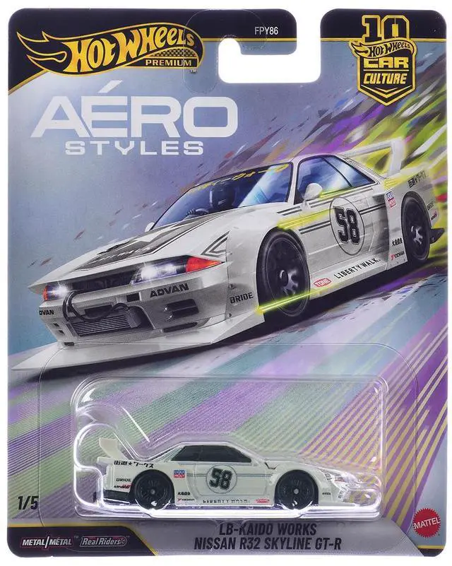 Main image of Nissan Skyline GT-R (R32) LB-Kaido Works RHD #58 White with Gray Stripes "Aero Styles" Series Diecast Model Car by Hot Wheels