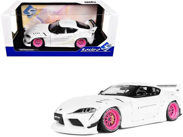 Main image of 2025 Toyota GR Supra "Liberty Walk" Body Kit White Metallic with Pink Wheels 1/18 Diecast Model Car by Solido