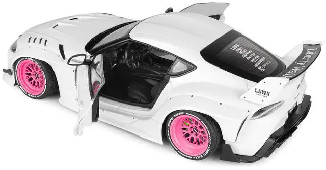 Alt view image 4 of 7 - 2025 Toyota GR Supra "Liberty Walk" Body Kit White Metallic with Pink Wheels 1/18 Diecast Model Car by Solido