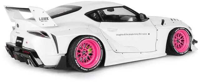 Alt view image 5 of 7 - 2025 Toyota GR Supra "Liberty Walk" Body Kit White Metallic with Pink Wheels 1/18 Diecast Model Car by Solido