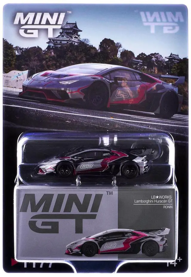 Alt view image 5 of 6 - Lamborghini Huracan GT LB-WORKS "RONIN" Gray Metallic with Black and Red Graphics 1/64 Diecast Model Car by Mini GT