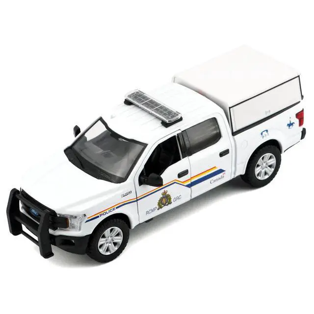 Alt view image 3 of 6 - 2019 Ford F-150 Lariat Crew Cab Truck with Camper Box "Royal Canadian Mounted Police" White 1/27 Diecast Model Car by Motormax