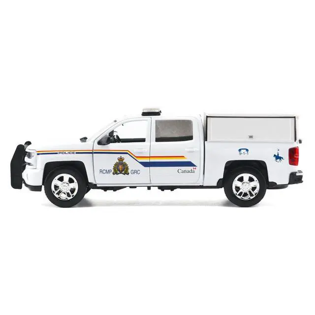 Alt view image 2 of 6 - 2017 Chevrolet Silverado 1500 LT Z71 Crew Cab Truck with Camper Box "RCMP" White 1/27 Diecast Model Car by Motormax
