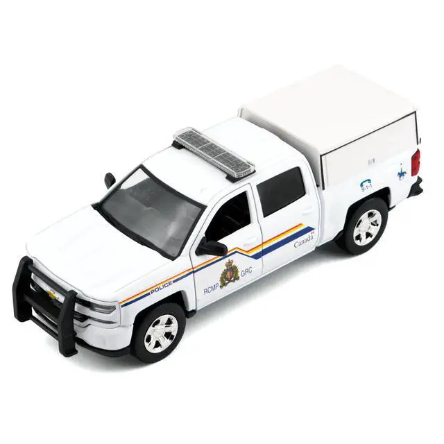 Alt view image 3 of 6 - 2017 Chevrolet Silverado 1500 LT Z71 Crew Cab Truck with Camper Box "RCMP" White 1/27 Diecast Model Car by Motormax