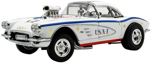 Main image of 1961 Chevrolet Corvette Grand Sport Gasser "USA-1" White with Blue and Red Stripes Limited Ed 1/18 Diecast Model Car by ACME