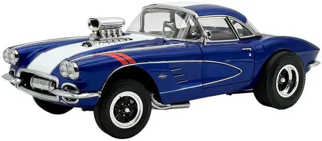 Main image of 1961 Chevrolet Corvette Grand Sport Gasser Admiral Blue Metallic with White Stripe Limited Ed 1/18 Diecast Model Car by ACME