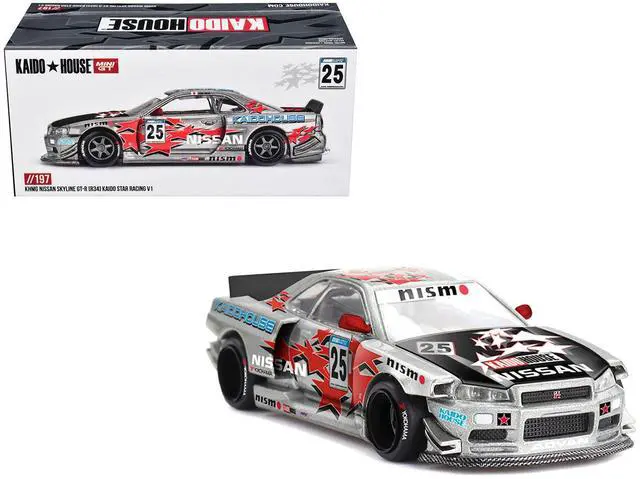 Main image of Nissan Skyline GT-R (R34) "Kaido Star Racing V1" RHD #25 Gray Metallic with Black and Graphics 1/64 Diecast Model Car by Mini GT
