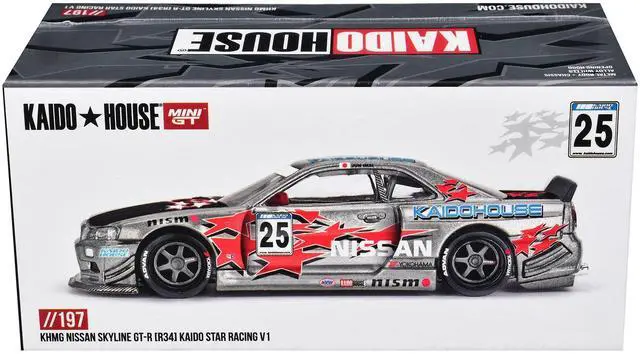 Alt view image 5 of 6 - Nissan Skyline GT-R (R34) "Kaido Star Racing V1" RHD #25 Gray Metallic with Black and Graphics 1/64 Diecast Model Car by Mini GT