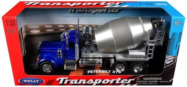 Main image of Peterbilt 379 Cement Mixer Blue Metallic with Chrome and Silver Mixer "Transporter" Series 1/32 Diecast Model by Welly