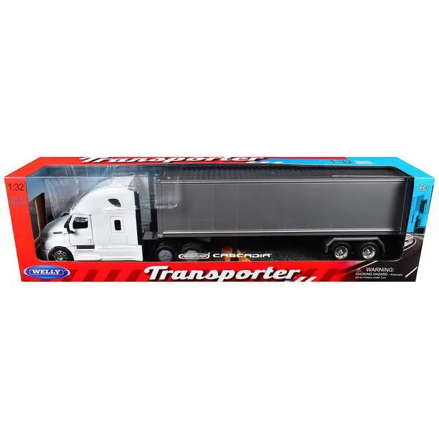 Alt view image 3 of 3 - Freightliner Cascadia Truck White with Gray Container "Transporter" Series 1/32 Diecast Model by Welly