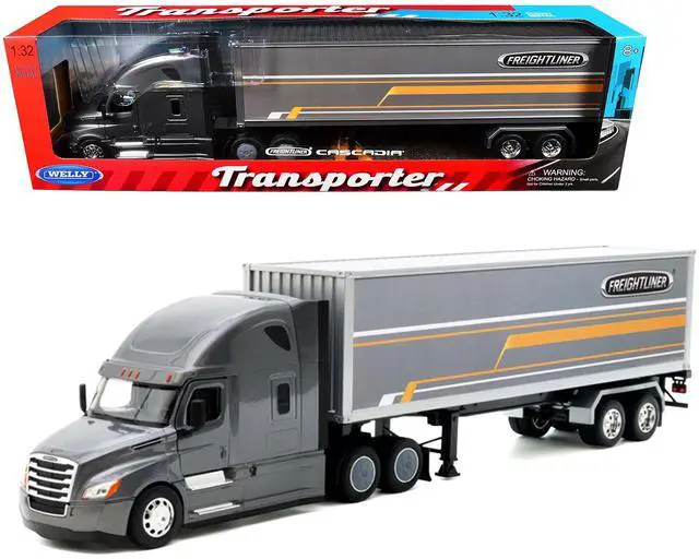 Main image of Freightliner Cascadia Truck Gray Metallic with Gray Container with Graphics "Transporter" Series 1/32 Diecast Model by Welly