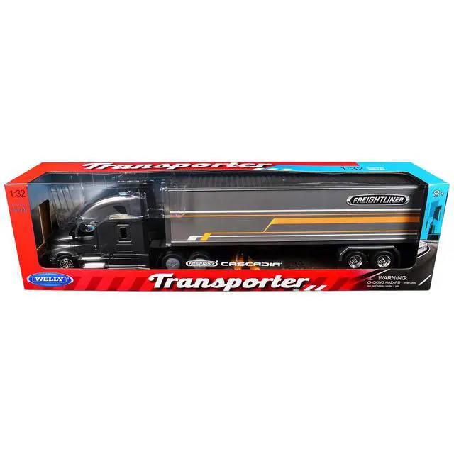 Alt view image 3 of 3 - Freightliner Cascadia Truck Gray Metallic with Gray Container with Graphics "Transporter" Series 1/32 Diecast Model by Welly