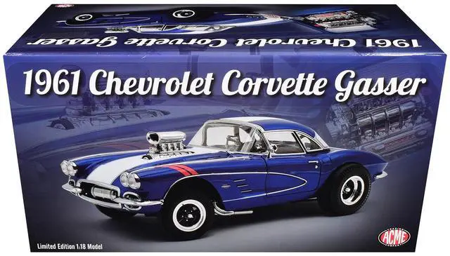 Alt view image 6 of 7 - 1961 Chevrolet Corvette Grand Sport Gasser Admiral Blue Metallic with White Stripe Limited Ed 1/18 Diecast Model Car by ACME