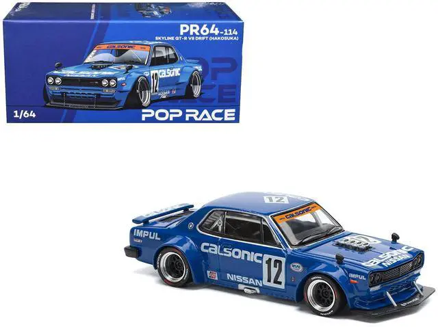 Main image of Skyline GT-R V8 Drift "Hakosuka" RHD (Right Hand Drive) #12 "Calsonic" Blue with Graphics 1/64 Diecast Model Car by Pop Race