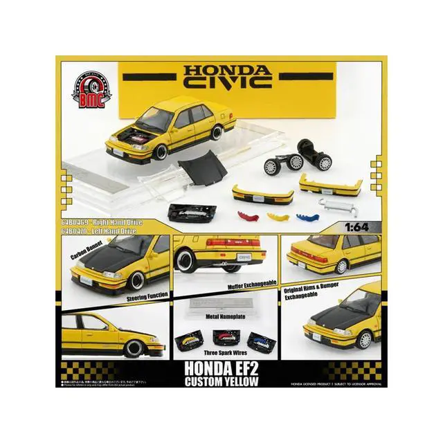 Alt view image 3 of 6 - Honda Civic EF2 Custom Yellow with Alternate Parts 1/64 Diecast Model Car by BM Creations