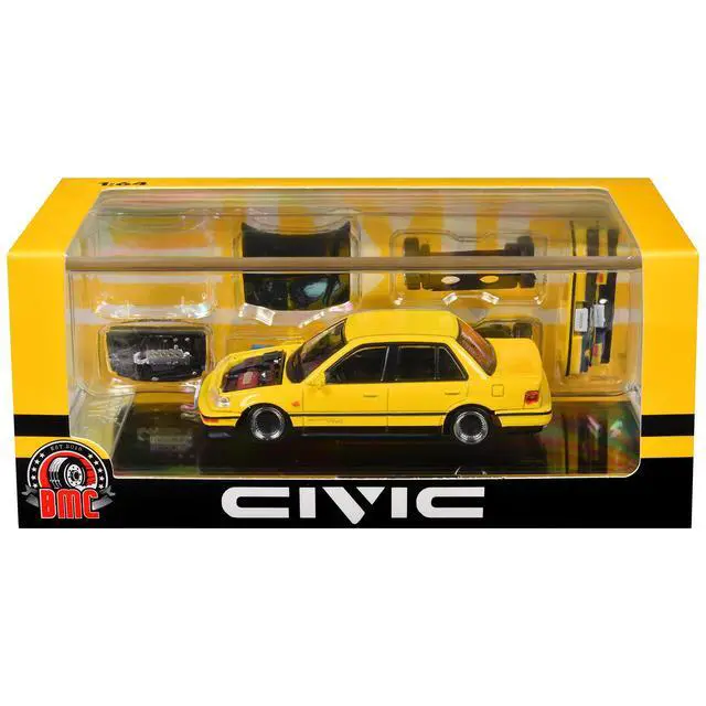Alt view image 4 of 6 - Honda Civic EF2 Custom Yellow with Alternate Parts 1/64 Diecast Model Car by BM Creations