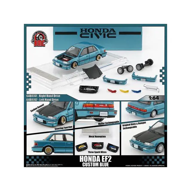 Alt view image 3 of 6 - Honda Civic EF2 Custom Blue Metallic with Alternate Parts 1/64 Diecast Model Car by BM Creations