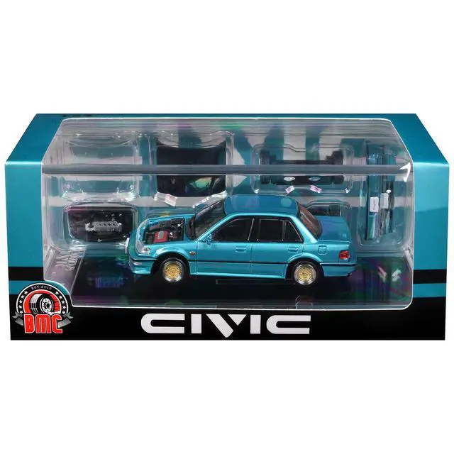Alt view image 4 of 6 - Honda Civic EF2 Custom Blue Metallic with Alternate Parts 1/64 Diecast Model Car by BM Creations
