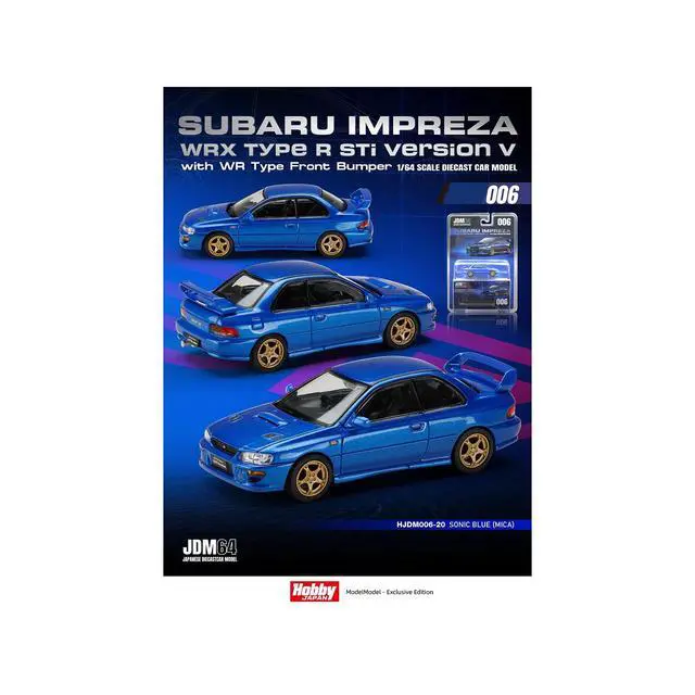 Alt view image 5 of 6 - Subaru Impreza WRX Type R Sti Version V RHD Sonic Blue Mica "JDM64" Series 1/64 Diecast Model Car by Hobby Japan