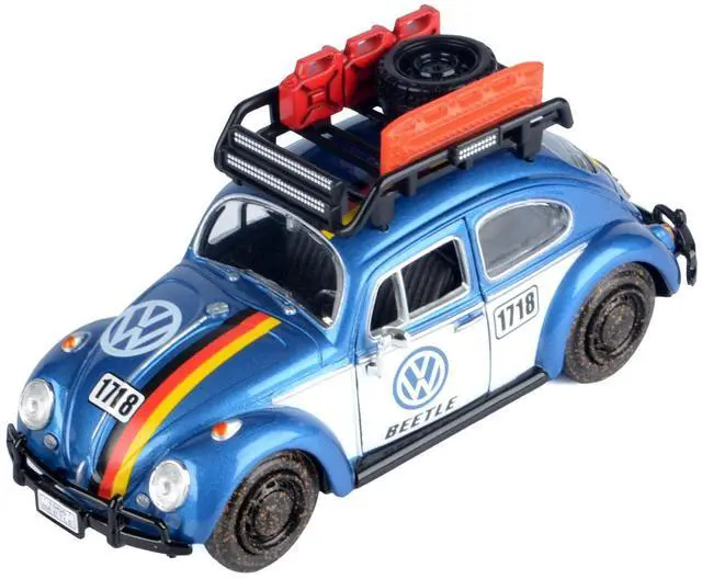 Alt view image 7 of 7 - 1966 Volkswagen Beetle Off Road #1718 Blue Met and White w/German Flag Stripes and Accessories 1/24 Diecast Model by Motormax