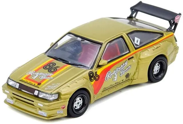 Main image of Toyota Levin (AE86) RHD #86 "Pandem Rocket Bunny" Gold Metallic with Stripes 1/64 Diecast Model Car by Inno Models