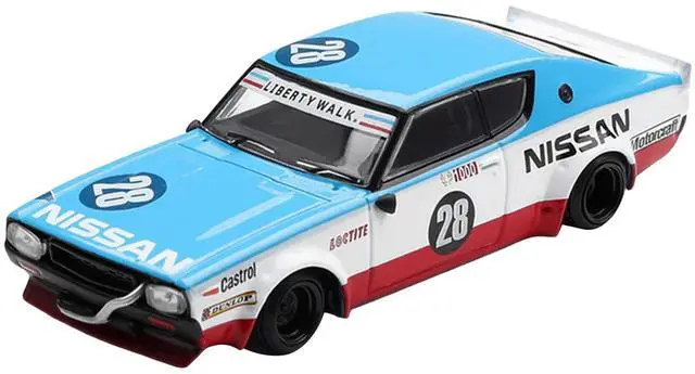 Main image of Nissan Skyline Kenmeri RHD #28 "Liberty Walk - Nissan Racing 1975 Concept" Blue & White w/Red 1/64 Diecast Model Car by Mini GT