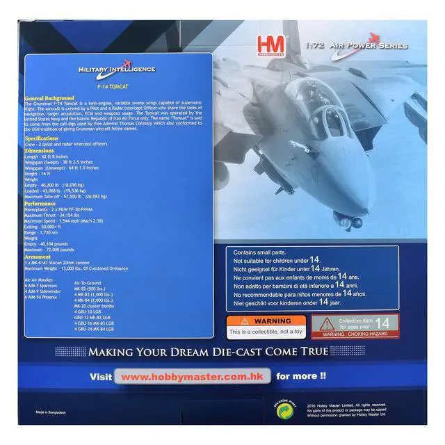 Alt view image 6 of 7 - Grumman F-14A Tomcat Fighter Aircraft "VFA-124 Gunfighters" (1978) US Navy "Air Power Series" 1/72 Diecast Model by Hobby Master