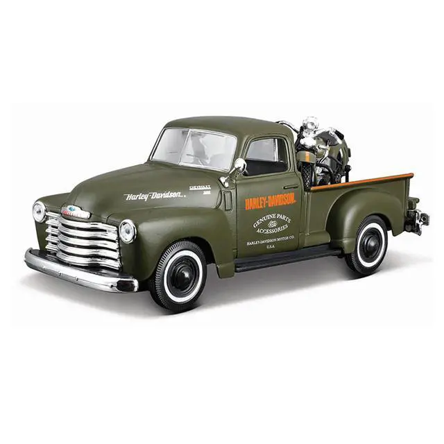Alt view image 2 of 3 - 1950 Chevrolet 3100 Truck Matt Green w/1936 Harley Davidson El Knucklehead Motorcycle Matt Green 1/24 Diecast Model Car Maisto