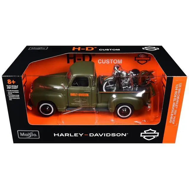Alt view image 3 of 3 - 1950 Chevrolet 3100 Truck Matt Green w/1936 Harley Davidson El Knucklehead Motorcycle Matt Green 1/24 Diecast Model Car Maisto