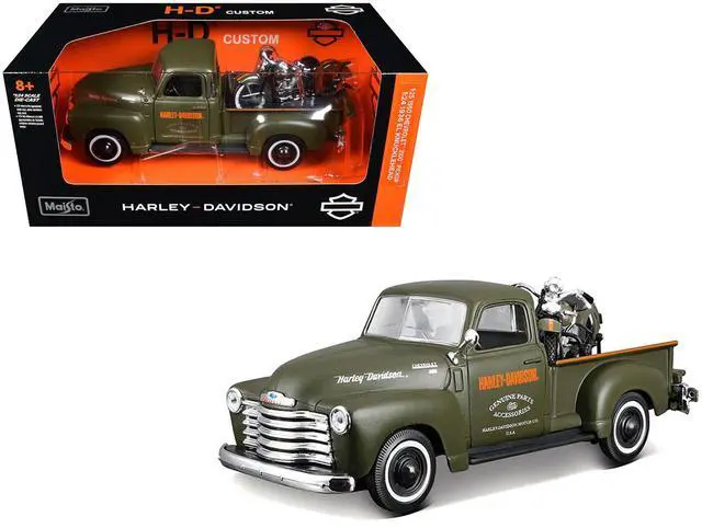 Main image of 1950 Chevrolet 3100 Truck Matt Green w/1936 Harley Davidson El Knucklehead Motorcycle Matt Green 1/24 Diecast Model Car Maisto