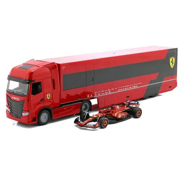 Alt view image 4 of 6 - Iveco S-Way 570 Car Transporter Red and Ferrari SF-24 #16 F1 World Championship (2024) 1/43 Diecast Model Car by Bburago