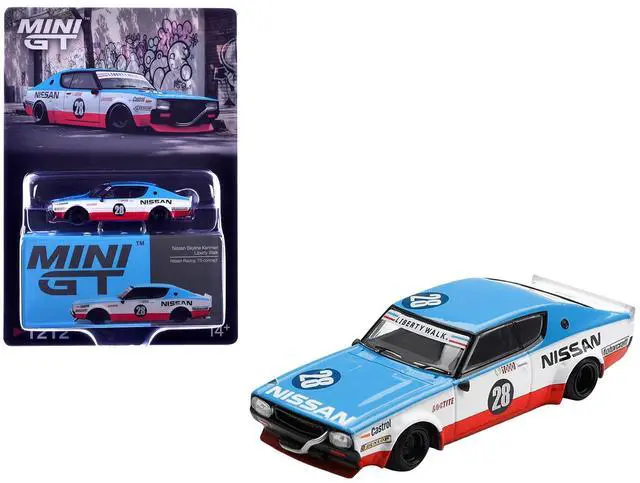 Alt view image 6 of 6 - Nissan Skyline Kenmeri RHD #28 "Liberty Walk - Nissan Racing 1975 Concept" Blue & White w/Red 1/64 Diecast Model Car by Mini GT