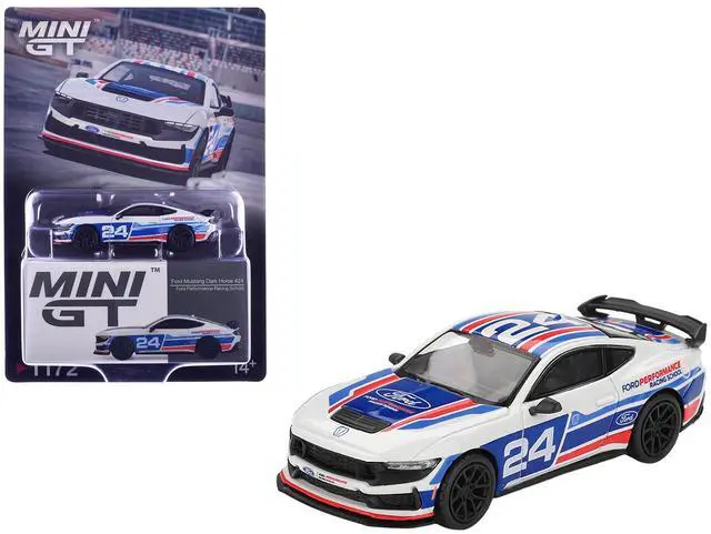 Main image of Ford Mustang Dark Horse #24 "Ford Performance Racing School" White with Red and Blue Graphics 1/64 Diecast Model Car by Mini GT