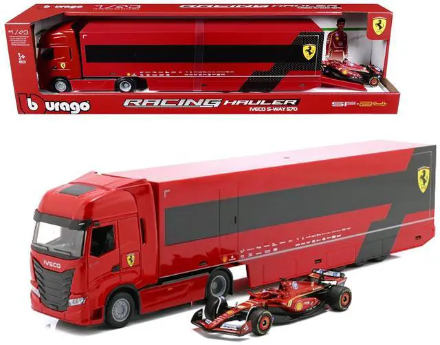 Main image of Iveco S-Way 570 Car Transporter Red and Ferrari SF-24 #16 F1 World Championship (2024) 1/43 Diecast Model Car by Bburago