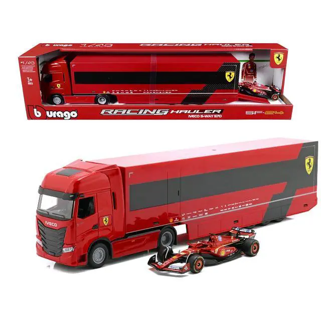 Alt view image 6 of 6 - Iveco S-Way 570 Car Transporter Red and Ferrari SF-24 #16 F1 World Championship (2024) 1/43 Diecast Model Car by Bburago