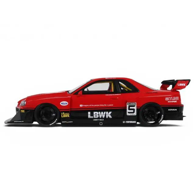Alt view image 4 of 7 - 2020 Nissan Skyline GT-R (R34) LB-Super Silhouette RHD (Right Hand Drive) #5 Red and Black 1/18 Model Car by GT Spirit