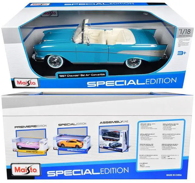 Alt view image 3 of 3 - 1957 Chevrolet Bel Air Convertible Blue with White Interior "Special Edition" Series 1/18 Diecast Model Car by Maisto
