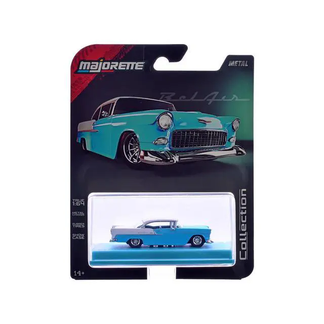 Alt view image 6 of 6 - 1955 Chevrolet Bel Air Blue and White "Collection" Series 1/64 Diecast Model Car by Majorette
