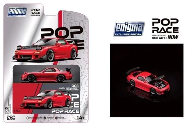 Alt view image 2 of 3 - Mazda RX-7 Widebody RHD Red Metallic with Carbon Hood "Enigma Exclusive Edition" 1/64 Diecast Model Car by Pop Race