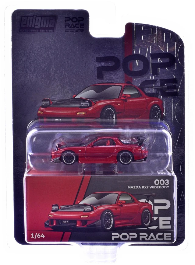 Alt view image 3 of 3 - Mazda RX-7 Widebody RHD Red Metallic with Carbon Hood "Enigma Exclusive Edition" 1/64 Diecast Model Car by Pop Race
