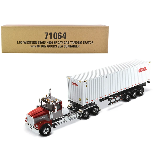 Alt view image 5 of 5 - Western Star 4900 SF Tandem Day Cab Truck Tractor Red and Gray with 40' Dry Goods Sea Container "OOCL" White 1/50 Diecast Model by Diecast Masters