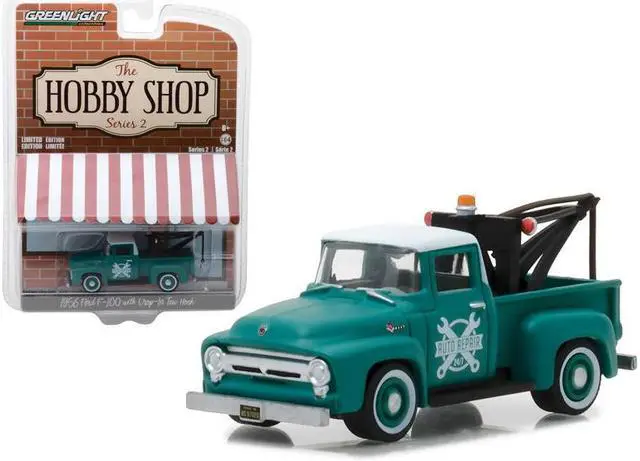 Main image of 1956 Ford F-100 Green with Drop-in Tow Hook "The Hobby Shop" Series 2 1/64 Diecast Model Car by Greenlight