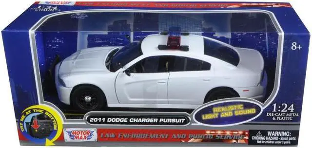 Alt view image 3 of 5 - 2011 Dodge Charger Pursuit Police Car White with Flashing Light Bar, Front and Rear Lights and 2 Sounds 1/24 Diecast Model Car  by Motormax