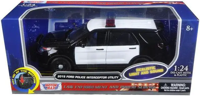 Alt view image 6 of 6 - 2015 Ford Police Interceptor Utility Black and White with Flashing Light Bar and Front and Rear Lights and 2 Sounds 1/24 Diecast Model Car by Motormax