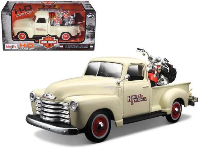 Alt view image 2 of 5 - Maisto 32194 1950 Chevrolet 3100 Pickup Truck Harley Davidson 1-25 with 2001 FLSTS Heritage Springer Motorcycle 1-24 Diecast Model