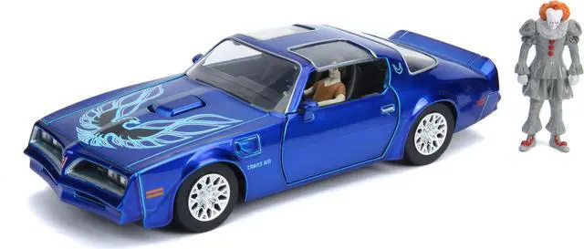 Alt view image 3 of 6 - Henry Bower\'s Pontiac Firebird Trans Am Candy Blue with Pennywise Diecast Figurine \It Chapter Two\ (2019) Movie 1/24 Diecast Model Car by Jada"""